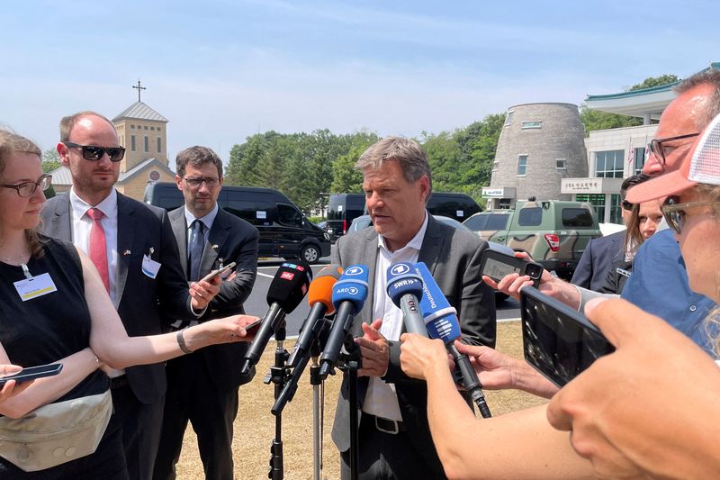 © Reuters.  German Vice Chancellor and Economy Minister Robert Habeck speaks to reporters after he visited Panmunjom, the demilitarized zone between South and North Korea, in Paju, South Korea, June 21, 2024. REUTERS/Maria Martinez